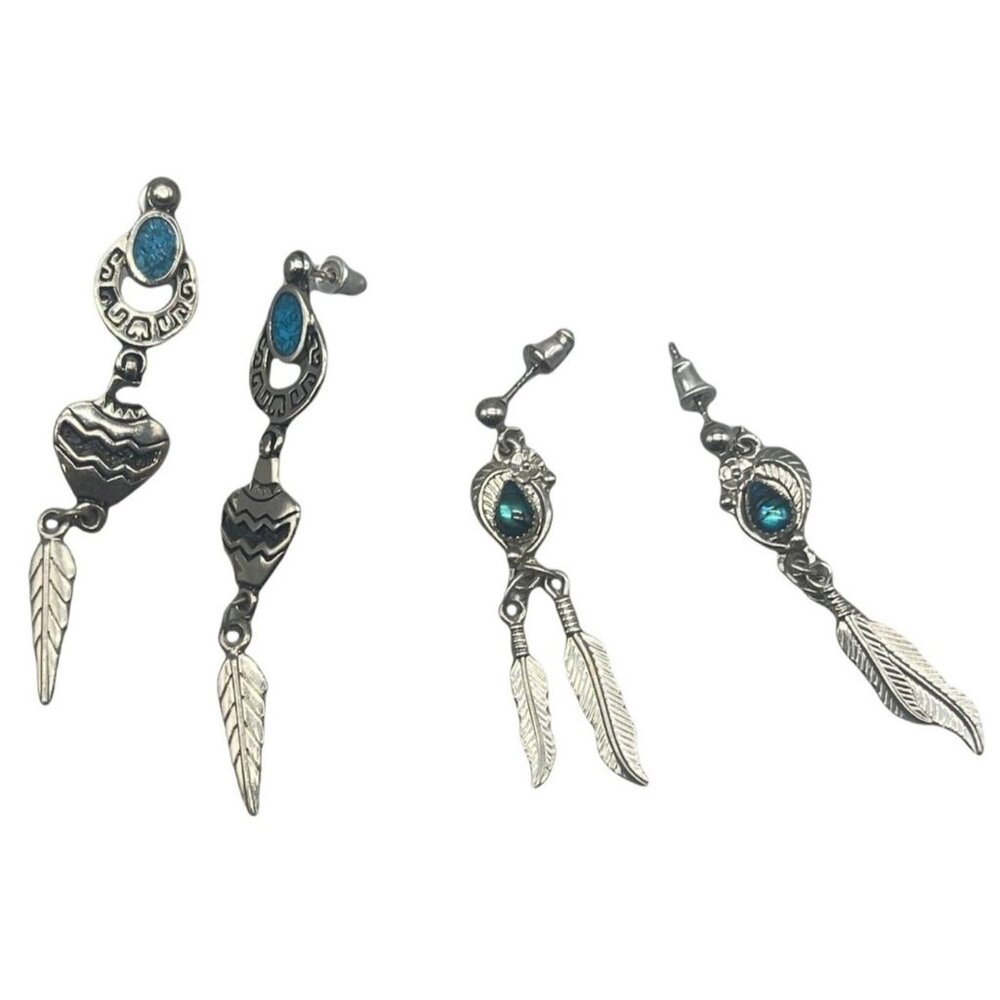 set 2 earrings pierced foe feathers one set stamped 92 sterling silver drop READ